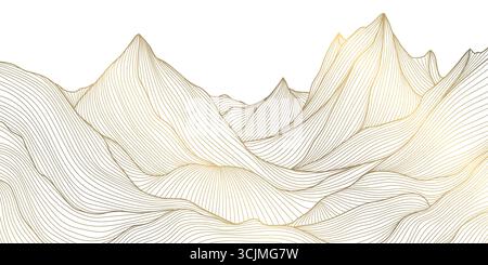 Vector mountains line japanese background, wave rocks illustration, nature landscape luxury graphic. Oriental curve land and water view, peaks and Stock Vector