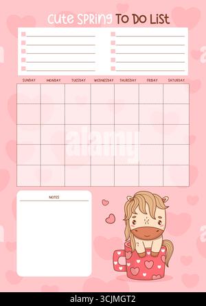 Spring planner, to do list. Cute Little Horse in Cup of Hearts. Organizer for Month grid, To-Do, memo and Note. Kids Vertical Pink Template with Funny Stock Vector