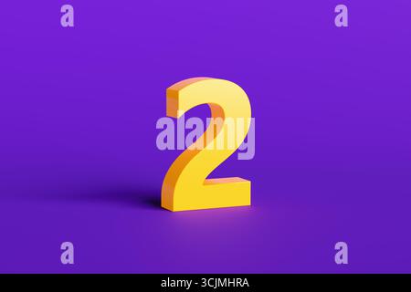 Number TWO 2 purple font yellow outlined 3D rendering illustration