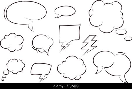 Comic speech bubbles, hand drawn doodle set. Empty different shapes clouds and frames for text. Dialog boxes bunch, black outline, vector elements Stock Vector