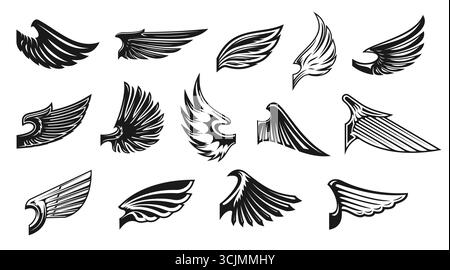 Eagle angel and cupid wings. Isolated vector set of black and white wings silhouettes in various shapes and line styles, for tattoos, emblems, decals, symbolizing freedom, speed, power or flight Stock Vector