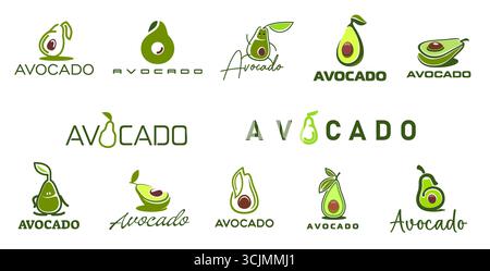 Farm avocado, juice and oil icons with fresh green fruit halves, leaves and seeds. Vector vegetable food products, healthy avocado oil, juice and vegetarian meal ingredient isolated symbols Stock Vector
