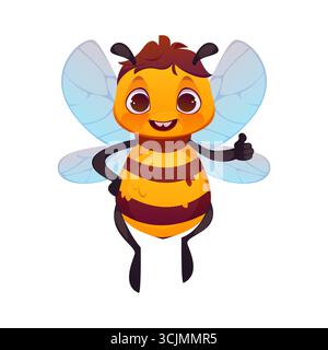 Cartoon honey bee character with thumbs up gesture and joyful happy expression featuring bright yellow and black stripes and translucent wings. Vector cheerful cute honeybee, animal insect personage Stock Vector