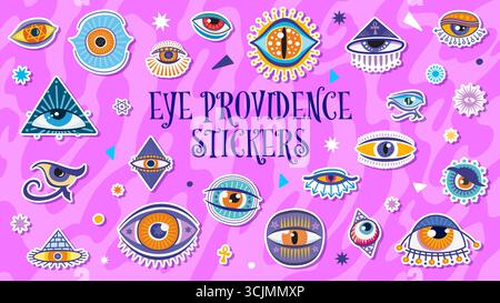 Magical witchcraft eyes stickers pack. Cartoon vector set of mystical eye of providence patches on pink background. Badges provide esoteric symbolism, spirituality, occult fortune telling and myth Stock Vector