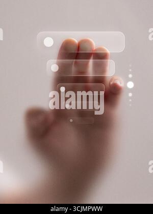 Creative artwork. Hand interacting with transparent futuristic interface for digital control Stock Photo