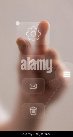 Bright collage of finger touching digital menu with futuristic icons for settings cloud email and delete Stock Photo