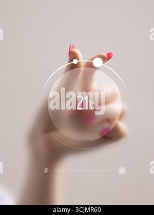 Bold artwork. Hand with pink nails adjusting futuristic digital thermostat showing 21 degrees Celsius Stock Photo