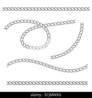 Rope borders illustration. Cordage line pattern. Nautical rope vector. Knot element set. EPS 10. Stock Vector