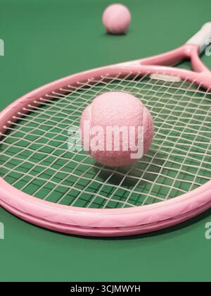 High quality sports background, Pink Tennis Balls on Green Court with Copy Space Stock Photo