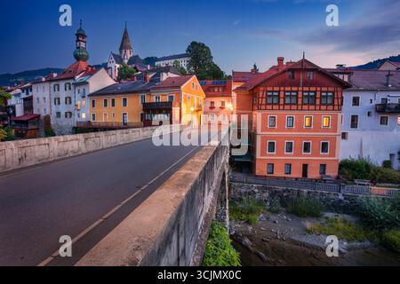 Murau, Austria. Cityscape image of Murau, Austria at beautiful summer sunset. Stock Photo