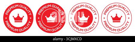 Premium Quality Vector Badge Set with Crown Icon in Red. Premium quality seal or label stamp flat icon in solid and outline design. Stock Vector