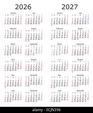 Two-Year Calendar Display for 2026 and 2027 with Weekdays Highlighted. Stock Vector
