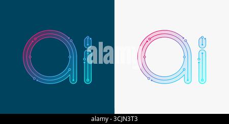 Artificial intelligence logo, chip, icon, sign in the flat line design style. Digital circuit board concept technology artwork for poster, cover, web Stock Vector