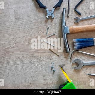 Various hand tools on wooden table. Stock Photo