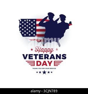 Happy Veterans Day graphic with saluting officers man and woman, USA flag and map, typography Thank you for your service - isolated on white backgroun Stock Vector