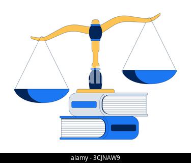 Justice scale standing on stack of law books 2D cartoon object Stock Vector