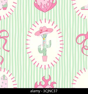 Cowgirl seamless pattern. Cowboy western theme, cactus, cowboy hat, flame heart and boots in girly style. Hand-drawn cartoon print on a stripy green background. Vector wallpaper, t-shirt and vintage.. Stock Vector