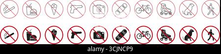 No Entry Prohibition Signs Icon Set. Smoking, Food, Photography, Weapons, Skateboarding, Cycling and Rollerblading Restriction Symbols. Public Space Stock Vector