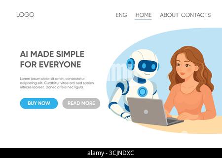 Flat vector landing page showing a humanoid robot assisting a woman using a laptop, symbolizing user-friendly AI technology for everyone. Stock Vector