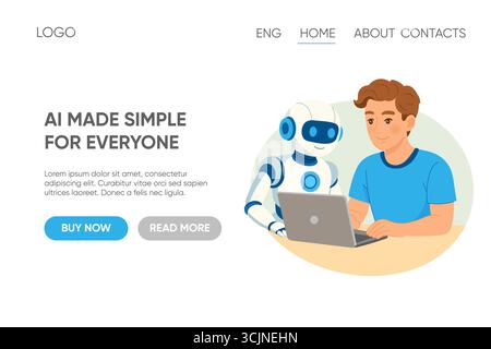Flat style landing page illustration of a humanoid robot helping a man work on a laptop, representing user-friendly artificial intelligence. Stock Vector