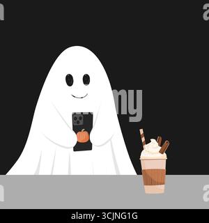 Cute ghost taking a picture of pumpkin spice latte in a cafe. Halloween character isolated vector illustration Stock Vector