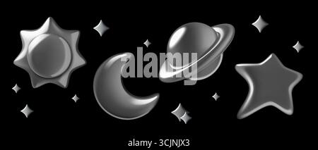 Space 3d chrome stickers including planet stars sun and crescent moon on black background Stock Vector