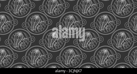 Outline Brussels sprout and Salmon Steak on Grill Pan Seamless Pattern Chalk effect Banner Format. Isolated Vector illustration Healthy Food Eating Backdrop Banners, leaflets, price tag, media post Stock Vector