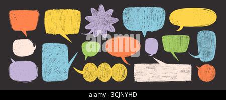 Crayon speech bubble vector set in orange, yellow, blue and green on dark blackboard background. Hand drawn text box elements with textured fill. Use Stock Vector