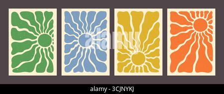 Sun pattern retro poster backgrounds in green, blue, yellow, and orange with groovy abstract wave rays. Vintage summer sunshine design with textured Stock Vector