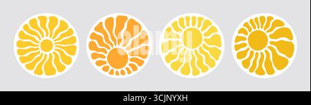 Retro sun or flower sticker set in yellow and orange with groovy abstract wavy rays on a gray background. Sun round shaped stickers. Perfect for Stock Vector