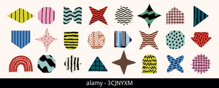 Colorful geometric shapes with stripes, dots, waves and grid textures in bright abstract style. Geometric and abstract shapes with playful crayon Stock Vector