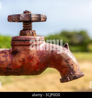 Close up, abstract image of an old, rustic, red well spigot with rust stains on a sunny summer morning. Stock Photo