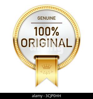100% original product, gold medal with ribbon, genuine or primary item, badge or insignia, vector Stock Vector
