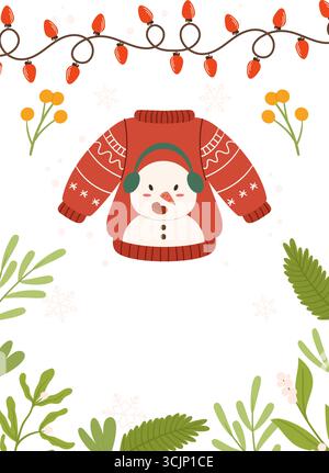 Festive Poster template frame featuring a red Christmas sweater with a snowman design, string lights, greenery, berries, and snowflakes on a white bac Stock Vector