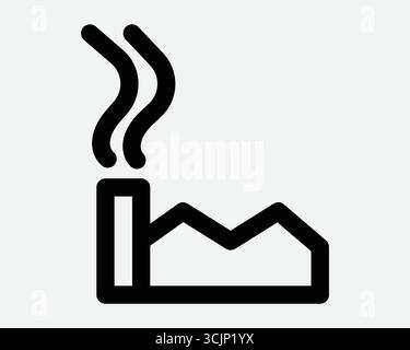 Factory Line Icon with chimney emitting smoke pollution. Manufacturing industrial building or graphic outline of power plant facility structure symbol Stock Vector