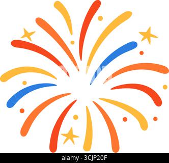 Curved red yellow and blue firework burst with stars in cartoon style. Isolated on transparent background. Stock vector illustration in flat style. Stock Vector