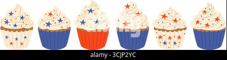 collection patriotic cupcake with white creamy frosting, blue and red star sprinkles and striped cup in USA colors, isolated on transparent background Stock Vector