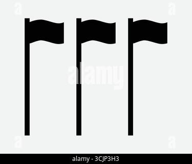 Triple Flag Poles Icon. Three flags pennant on pole waving as sports marker or country insignia. Black White banner wave shape sign symbol silhouette Stock Vector