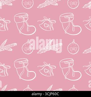 Coquette core Christmas seamless pattern. Hand drawn line pink isolated Christmas stocking, bell and ball. Whimsical print. Stock Vector
