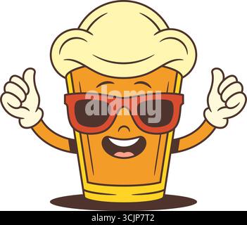Beer mascot shaped like a small glass with large foamy head wearing red sunglasses and showing thumbs up with both hands. Perfect for festivals, and p Stock Vector