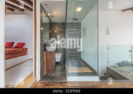 Luxury bathroom with double porcelain sinks, gold faucets, and an extra-clear glass shower enclosure Stock Photo