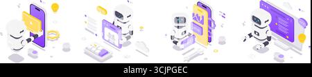 Isometric vector illustration of robots using artificial intelligence for video editing, image generation, app development, and AI communication in mo Stock Vector