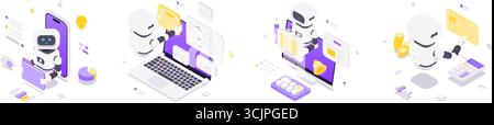 Isometric vector illustration featuring robots interacting with devices, artificial intelligence, business automation, digital innovation, programming Stock Vector