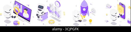 Isometric vector illustration of robots using artificial intelligence for business automation, analytics, innovation, project management, startup laun Stock Vector