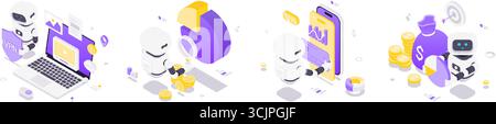 Isometric vector illustration showing artificial intelligence robots interacting with finance, security, analytics, and online transactions in a moder Stock Vector