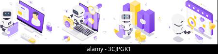 Isometric vector illustration depicting robots with artificial intelligence managing profiles, promotions, analytics, and event planning in a futurist Stock Vector