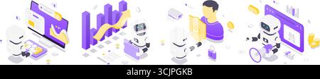 Isometric vector illustration depicting artificial intelligence robots performing internet data processing, big data analytics, cybersecurity protecti Stock Vector