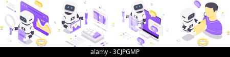 Isometric vector illustration showing futuristic robots with artificial intelligence working in analytics, design, translation, and personal data prot Stock Vector