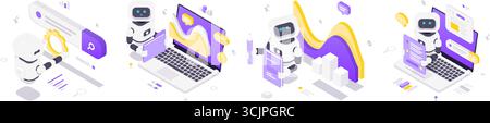 Isometric vector illustration showing futuristic robots performing SEO optimization, analyzing data, learning skills, and interacting with chatbots in Stock Vector