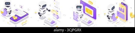 Isometric vector illustration showing artificial intelligence robots managing digital wallet transactions, chatting with AI, learning new skills, and Stock Vector
